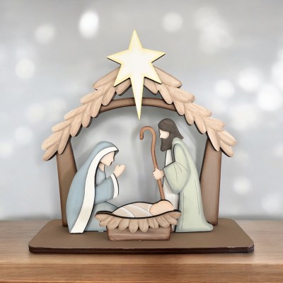 Unfinished kit measures apx. 10" and includes wooden MDF:
*1 stable
*1 stable roof overlay
*1 star
*1 Mary figurine with overlays
*1 Joseph figurine with overlays
*1 baby Jesus in manger
*1 manger straw overlay
*1 base