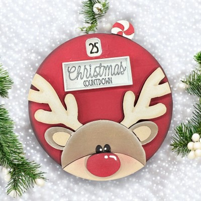 Unfinished kit measures apx. 4" tall and includes wooden MDF:*3 circle back piece *3 circle middle piece (KEEP CENTER) with engraved #'s 1-25 *3 circle front piece with engraved "Christmas Countdown" *3 Reindeer *3 Rectangle overlay *3 nose overlay *3 peppermint overlay