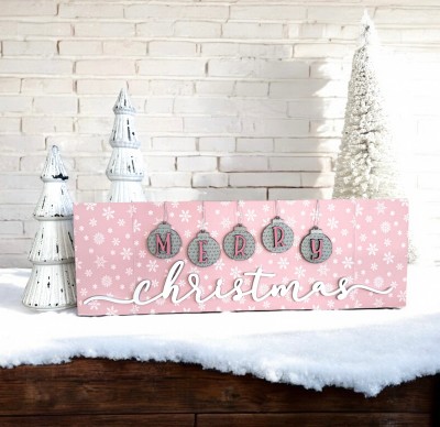 Unfinished kit measures apx. 6"x 18" and includes wooden MDF:*1 main piece board *5 ornaments *1 set of "Merry Christmas" wood letter overlays