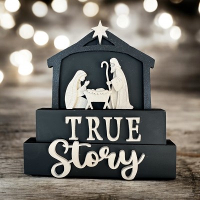 Unfinished kit measures apx. 7.5" and includes wooden MDF: *1 7" block *1 6" block *1 set of “True Story” wooden letters *1 Stable *1 star for stable *1 Nativity scene