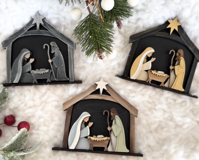 Unfinished kit measures apx. 3.75" tall and includes wooden MDF: *3 sets of stables and overlays *3 stars *3 Mary, Joseph & Jesus with overlays *3 bases