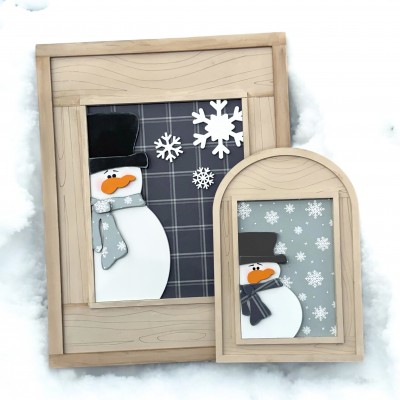 Unfinished kit pieces made to fit Framed Art and includes wooden MDF: *1 - 8"x10"  and 5"x7" backs *2 snowman, hat brim, scarves, nose *3 snowflakes *black vinyl