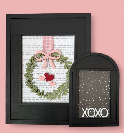 Unfinished kit pieces made to fit Framed Art and includes wooden MDF: *1 - 8"x10" and 5"x7" backs *1 wreath and bow *3 hearts *1 set of "XOXO" wood lasered letters