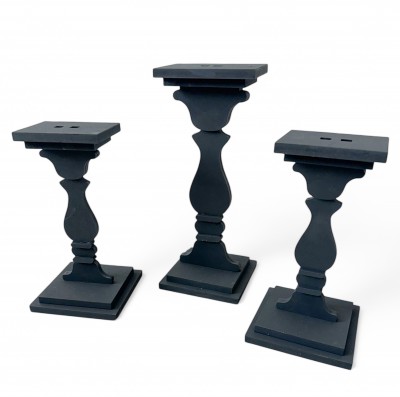 Unfinished kit measures apx 7.5" tall and includes wooden MDF: *1 - 7.5" pedestal *2 - 6" pedestals *3 bottom bases *3 smaller bottom bases with 1 hole *3 top bases with 2 holes *3 top bases with 1 hole *3 sets of pedestal overlays