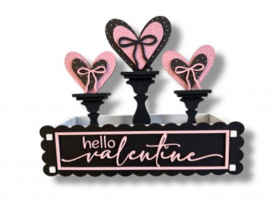 Unfinished Kit measures 13.5"x5" and includes wooden MDF: *1 scalloped back *1 set of “Hello Valentine” wood letters *1 wood frame