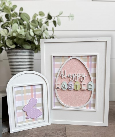 Unfinished kit pieces made to fit Framed Art and includes wooden MDF: *1 - 8"x10"  and 5"x7" backs *1 set of “HOPPY” “EASTER” lasered wood words *1 large egg with6 small eggs attached
*1 bunny